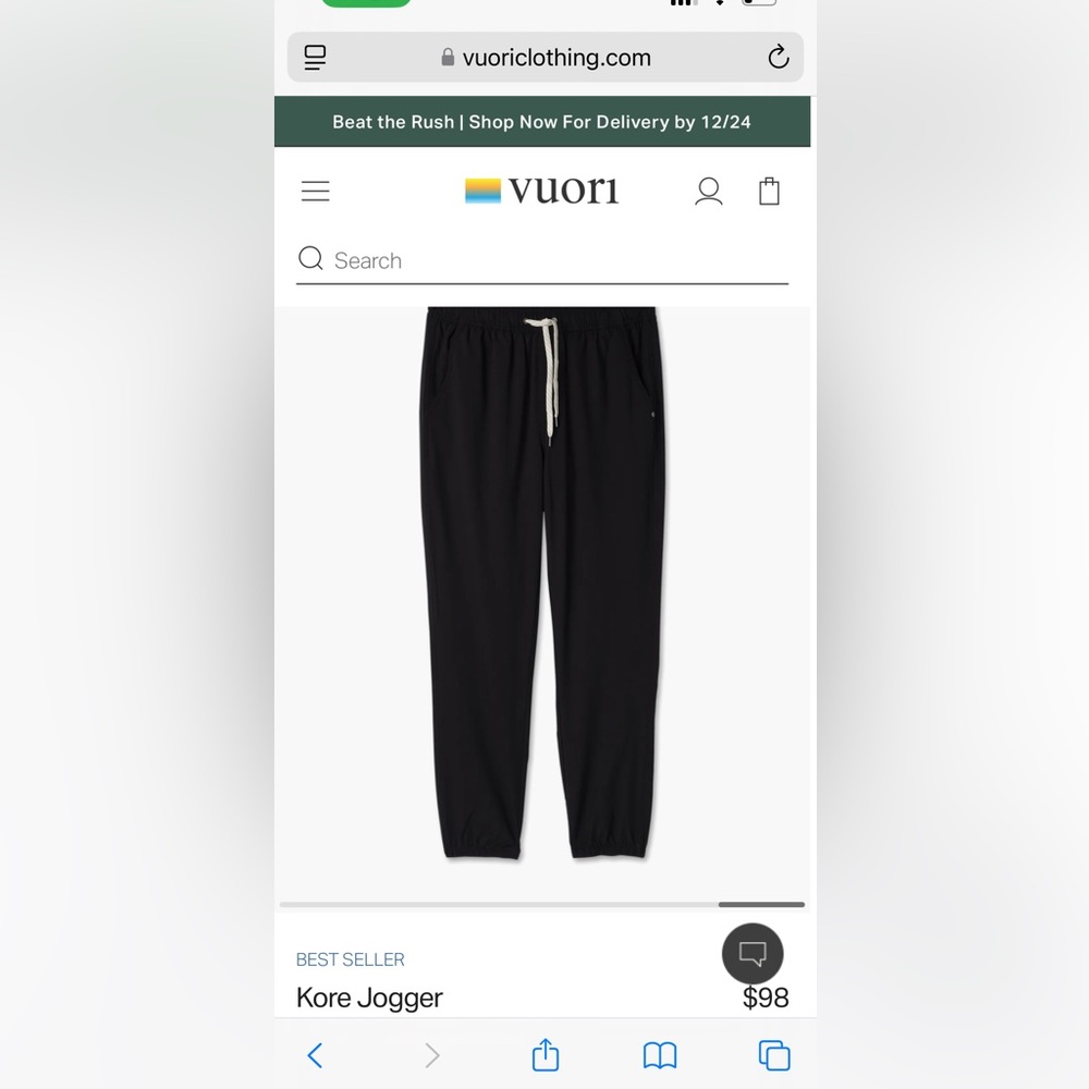NWT Vuori Kore Jogger - size large, black color